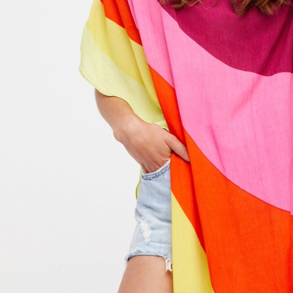 Free People Saachi NEON RAINBOW Striped Asymmetrical Rayon Top Maxi Kaftan Dress - Picture 2 of 10